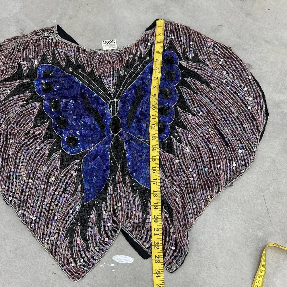 Vintage 1970s Retro Disco Boho Beaded‎ Sequin Butterfly Silk Top - Picture 7 of 9